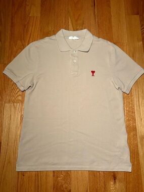 AMI Paris Logo Embroidered Tan Polo Shirt